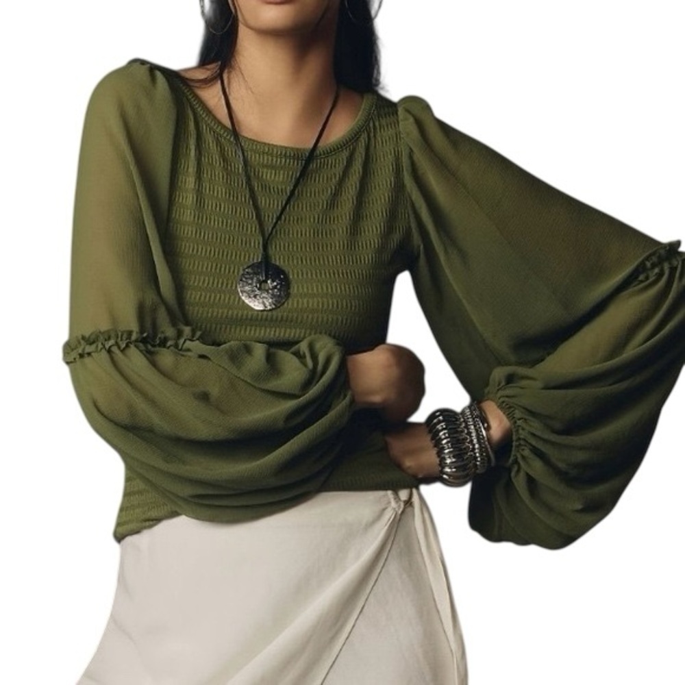 Anthropologie Olive Green Sheer Balloon Sleeve Blouse